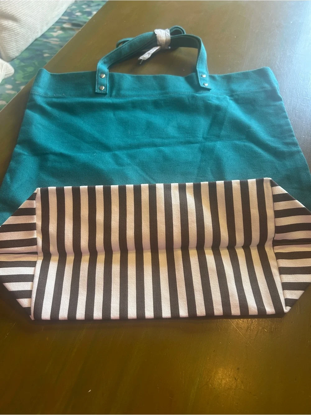 henri bendel Teal Canvas Tote with Black Trim - Picture 3 of 5